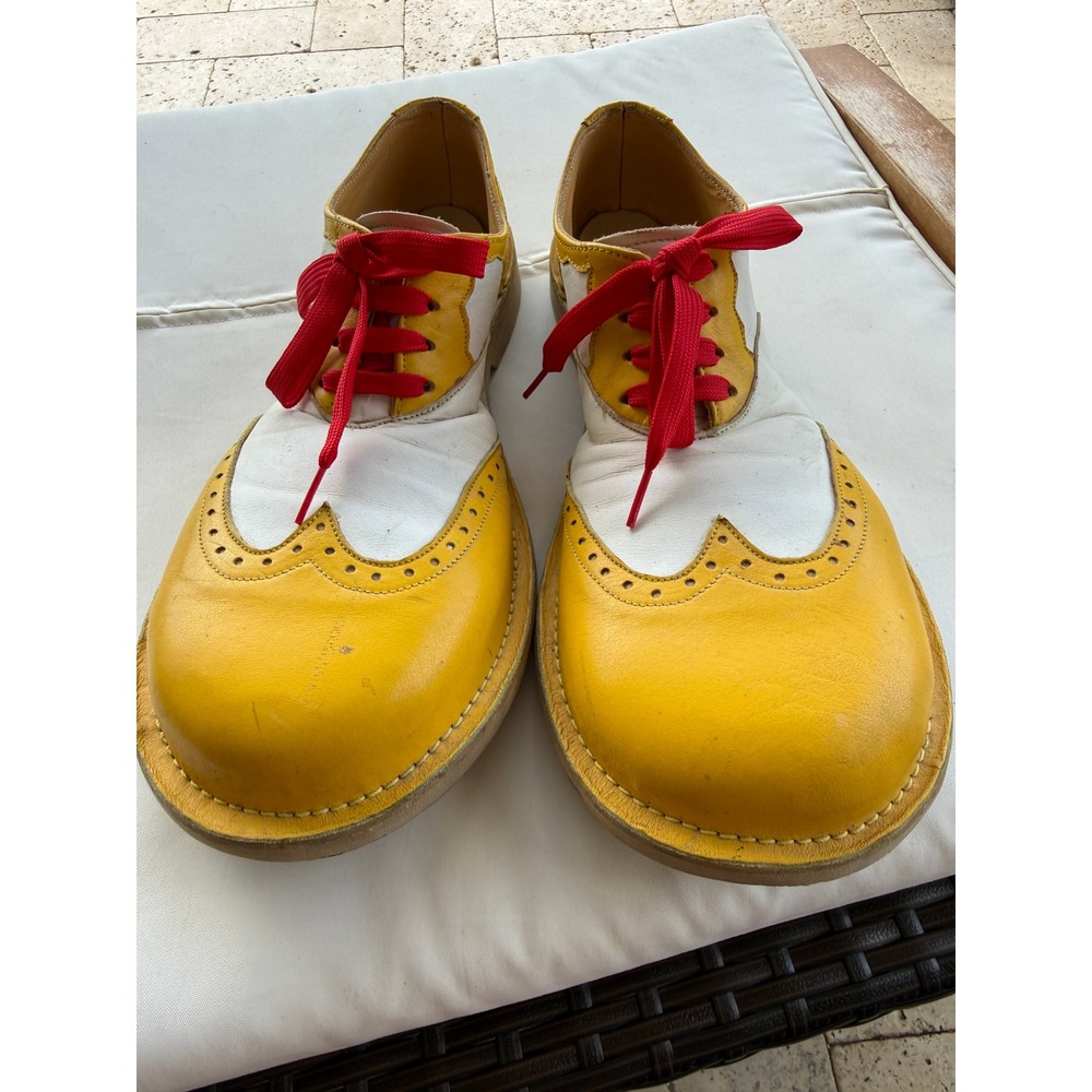 Vintage Yellow White Leather Wingtip Clown Shoes Red Laces Professional Costume